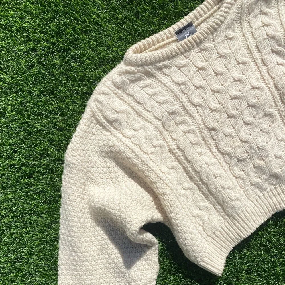 90s Vintage Ivory Cropped Wool Fishermans Sweater XS / Small / Medium Women’s